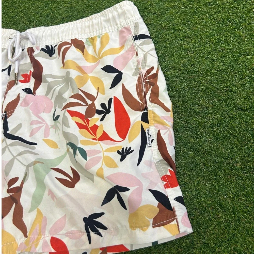 Charlie Holiday Mens Abstract Botanical Leaf Print Swim Shorts White Size 36